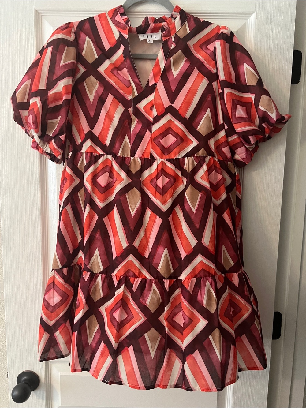 THML Burgundy, Pink and Tan Geometric Tiered Tunic